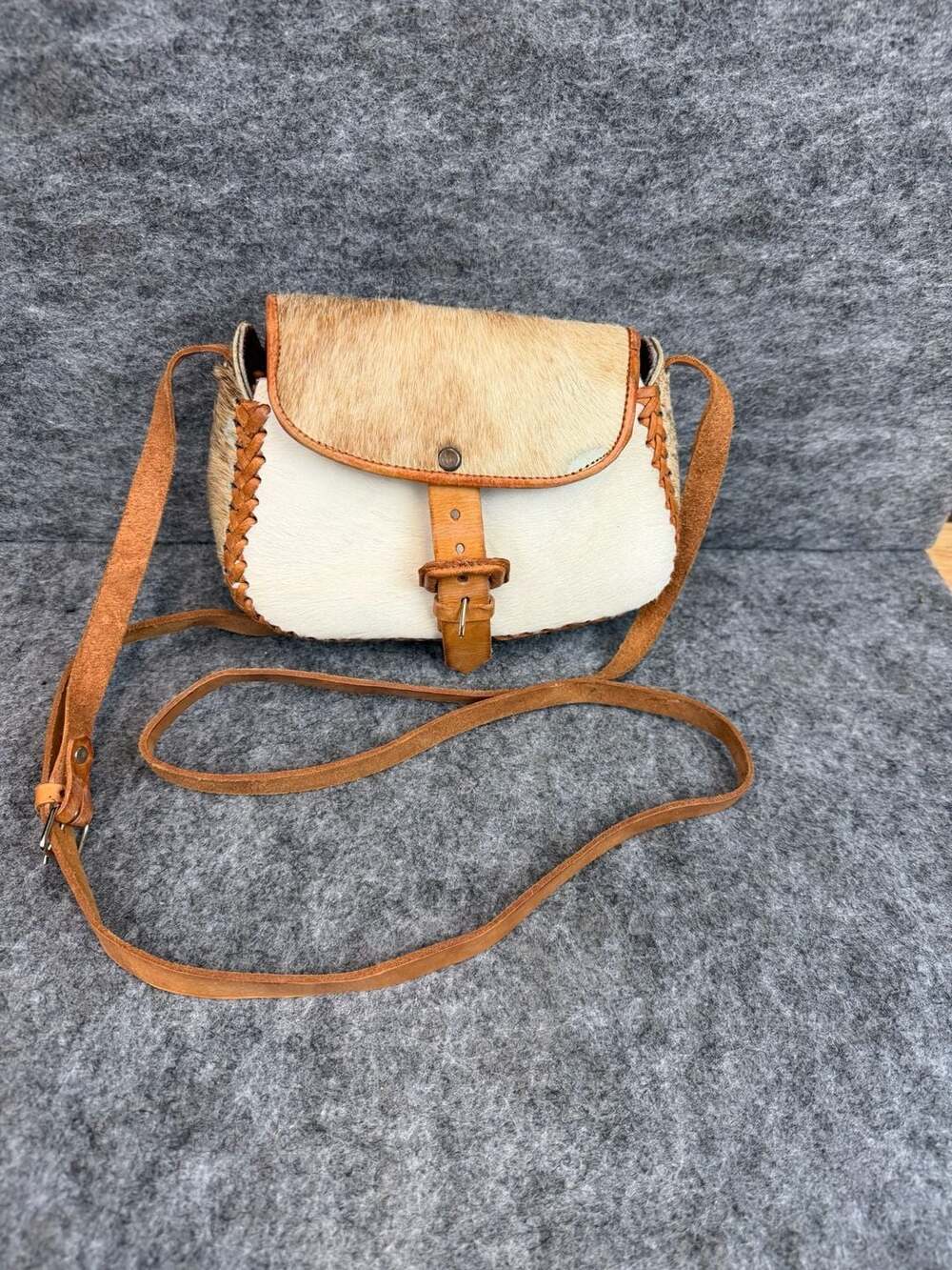 Handmade Genuine Leather and Cowhide Crossbody Bag with Whipstitch Detail